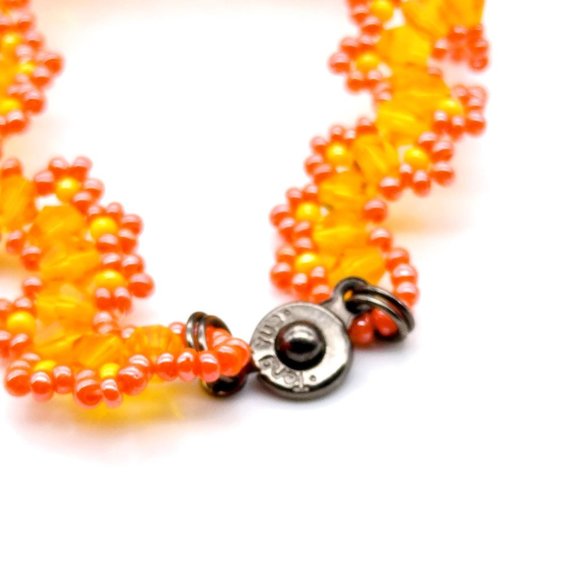 Vintage Teng Yue Orange Bracelet, Stacked Daisies on Beaded Crystal Path - Picture 4 of 4